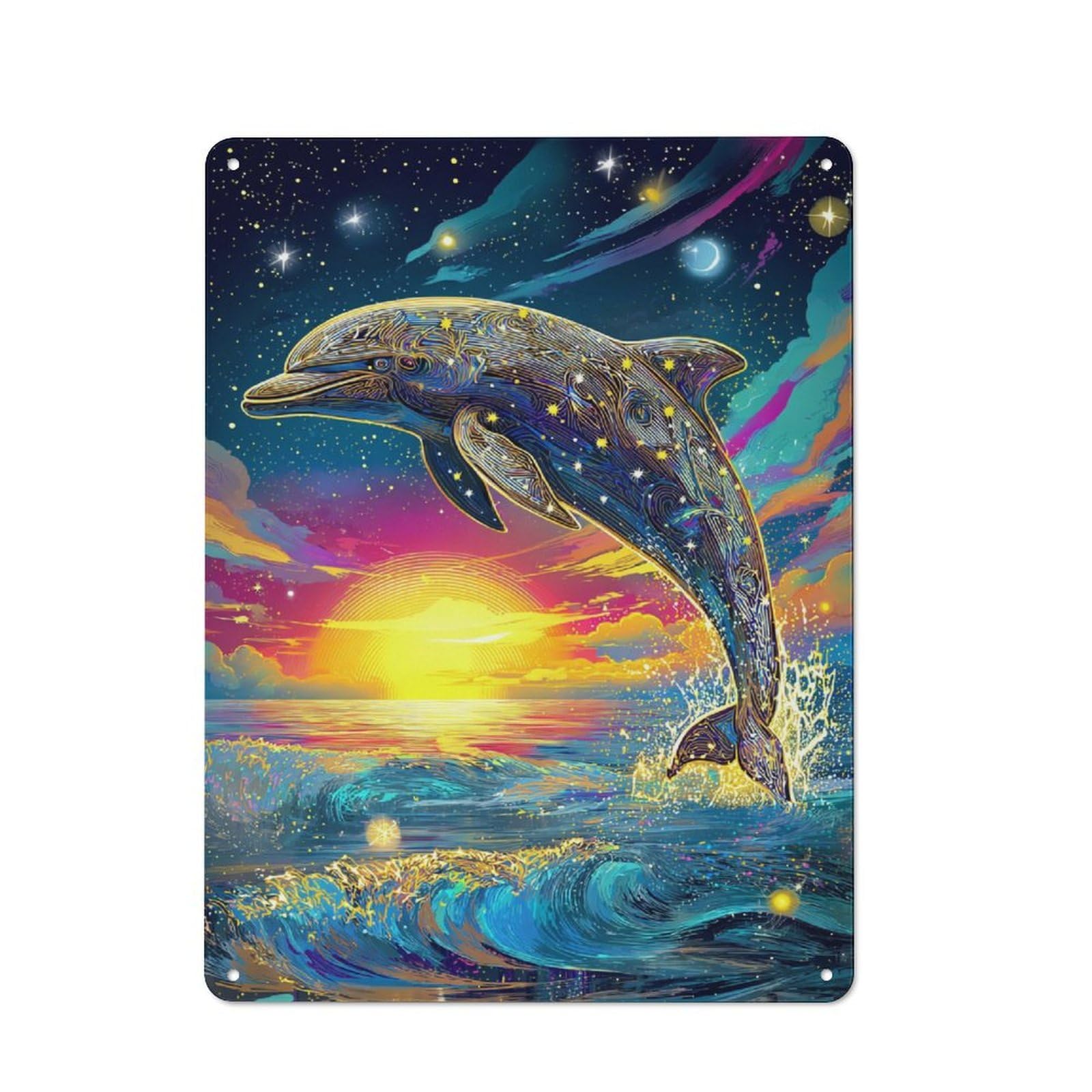 Junmoney Dolphin Dance In Starry Sky Vintage Metal Plaque 40X30cm, Diner Style Decor For Coffee Bar, Kitchen, Bistro Or Tea Corner