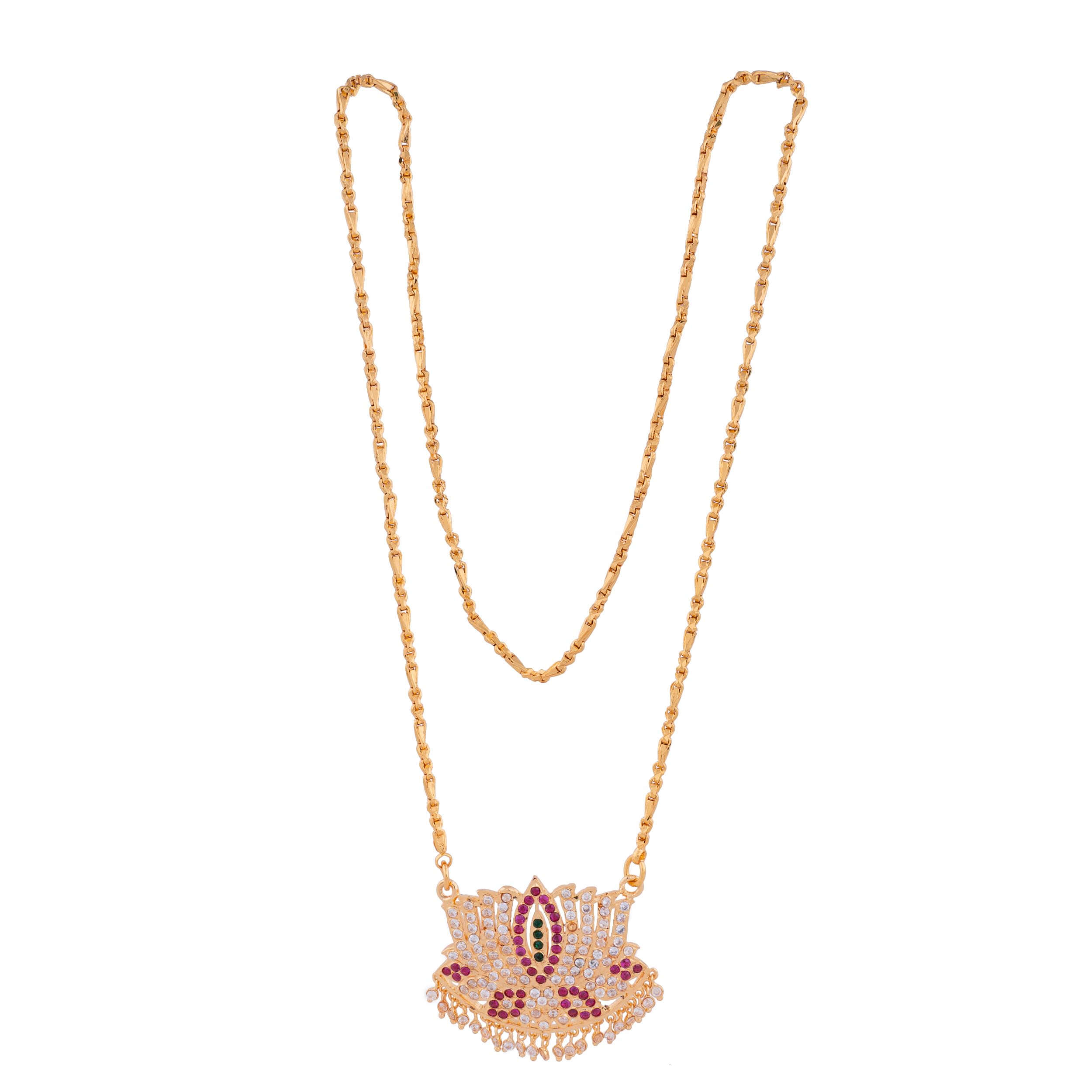 Radhas Creations Alloy 22K Yellow Gold Plated AD Pendant with long Chain Necklace For Womens & Girls - Gold No.1009 (B0B81X51RM) Amazon Price History, Amazon Price Tracker
