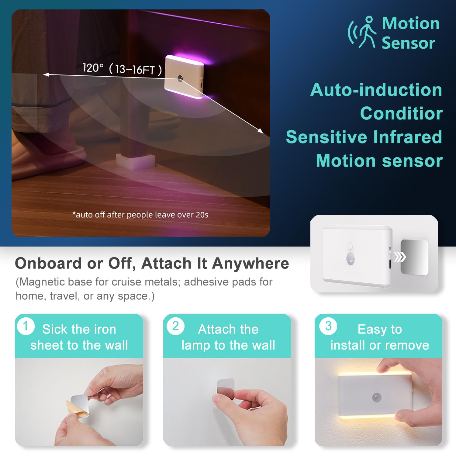 4-Pack Motion Sensor Night Light Cruise Approved Magnetic Rechargeable with USB RGB Color-Changing Modes LED Auto Nightlight for — view 6