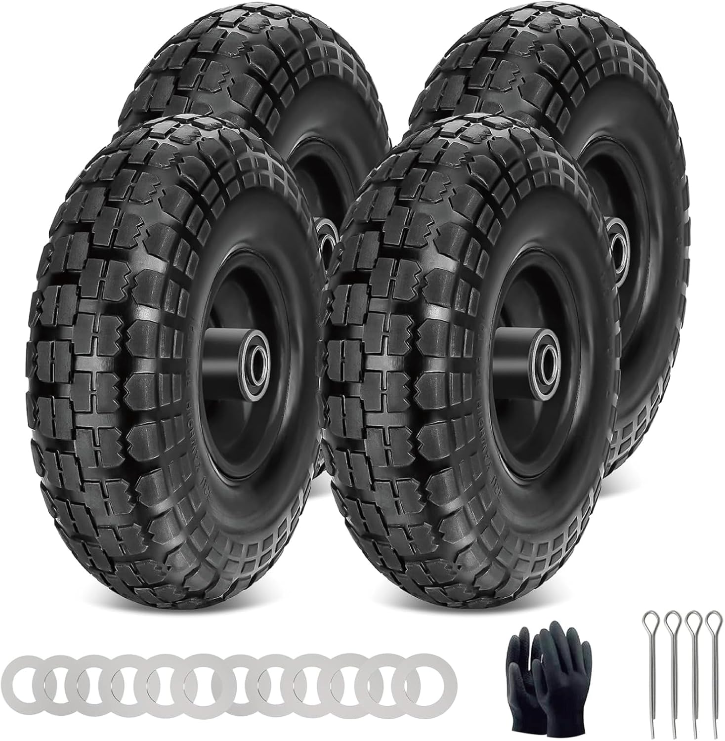 10 Inch Soild Rubber Dolly Tire Wheels 5/8" Axle,4.10/3.50-4 Tire and Dolly Wheel Flat Free for Hand Truck,Wheelbarrow Garden Cart, Wagon,Lawn Mower and Gorilla Cart Tires(4 Packs,Black)