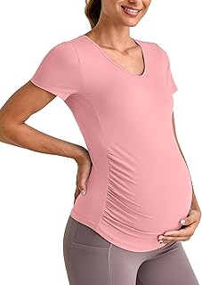 G4Free Lightweight Maternity Shirts Short Sleeve V Neck Pregnancy Workout Tops Side Ruched Stretchy Yoga Lounge Tees - Buy now