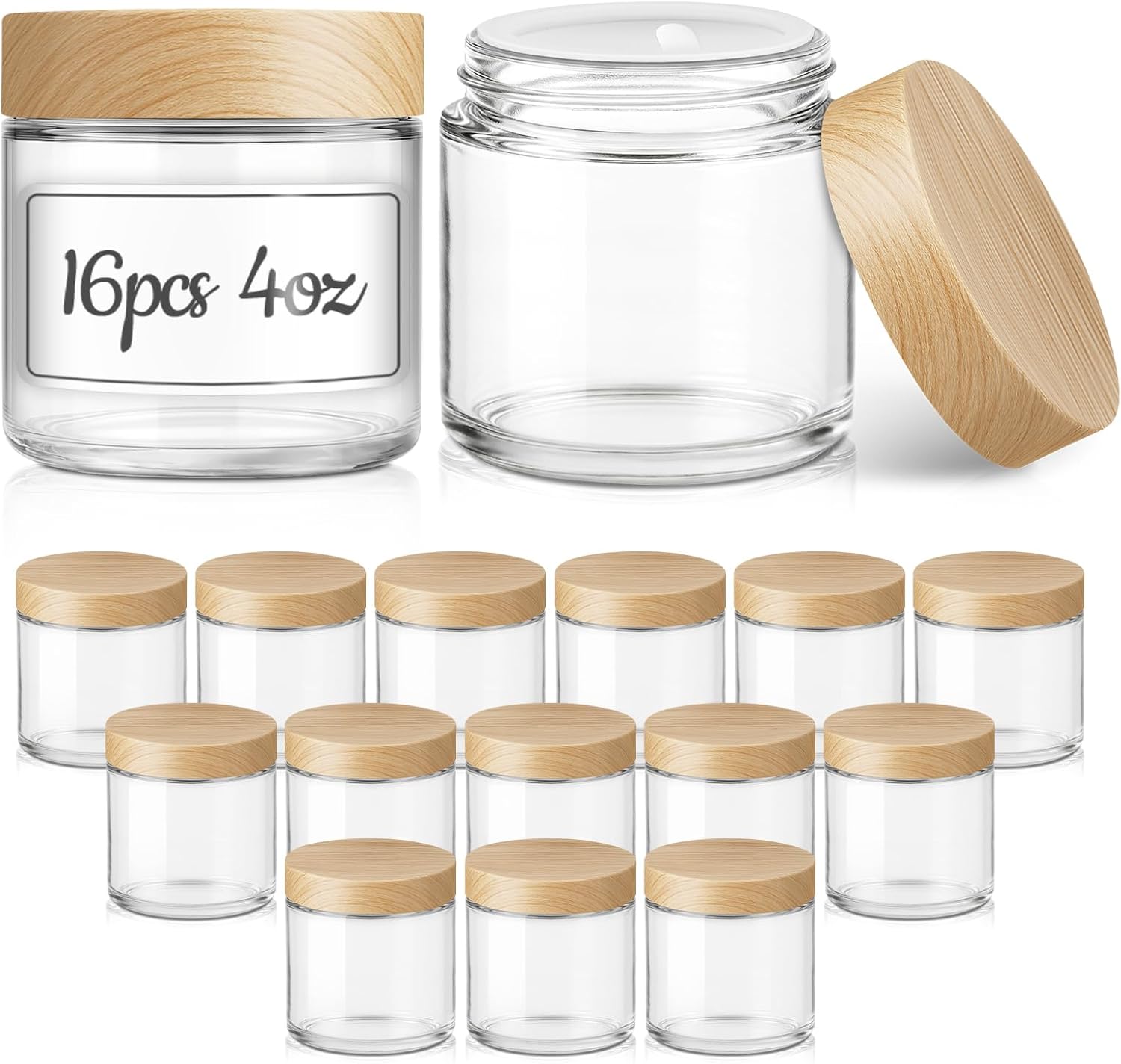 16 Pack 4 OZ Glass Jars with Lids, Small Glass Containers with Plastic Woodgrain Lids & Inner Liners, Reusable Travel Containers for Creams, Makeup, Lotion, Cosmetic, Ointment