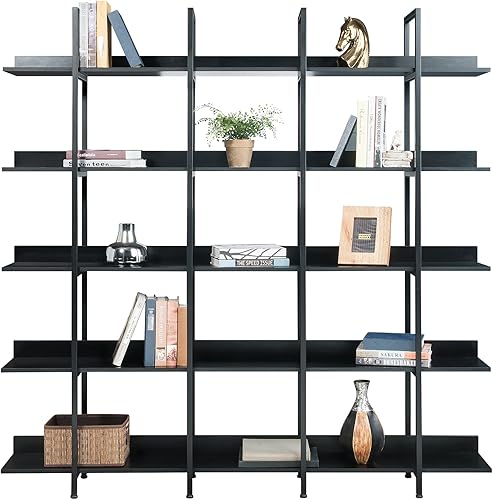 Miniatura 3 de Estantería industrial de 5 niveles estantería de madera triple ancha con marco de metal moderna estantería Etagere con panel trasero estante de