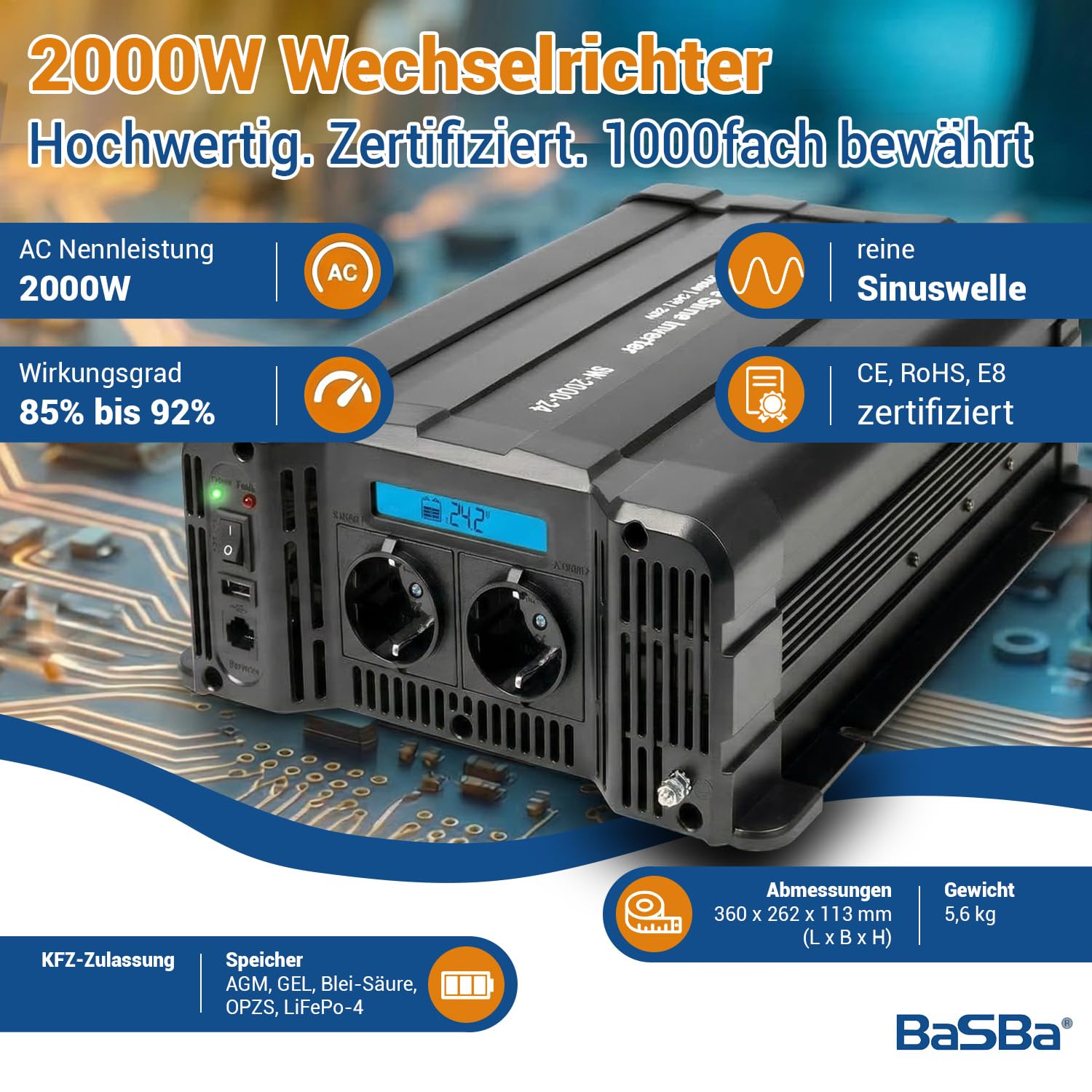 Insel-Solaranlage 750 W PV 2×200 Ah Batterie 2000 W Sinus-Wechselrichter MPPT Laderegler Plug & Play autark Solarstrom für Garten Tiny House Wohnmobil | BaSBa BA24-2000