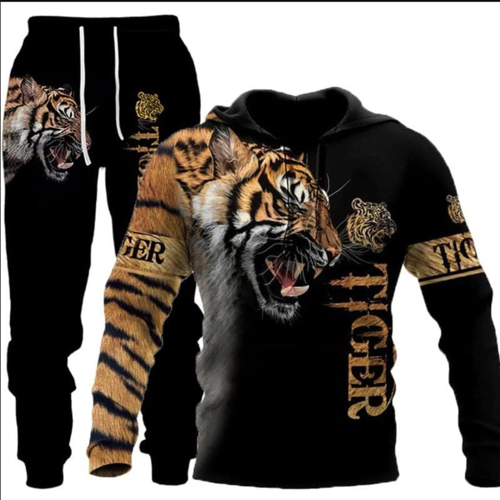 Tuta da jogging da uomo, con cappuccio e pantaloni da uomo, con tiger, tuta sportiva
