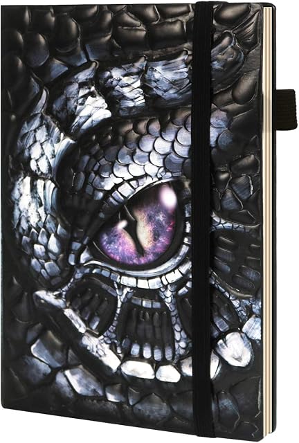 ViViSun Leather Journal Notebook A5 Lined, Embossed Travel Journal Leather Notebook Diary Notepad, Dragon Gift for Women Men, 3D Silver Dragon, Pen Loop, Pocket, Elastic Closure, Ribbon