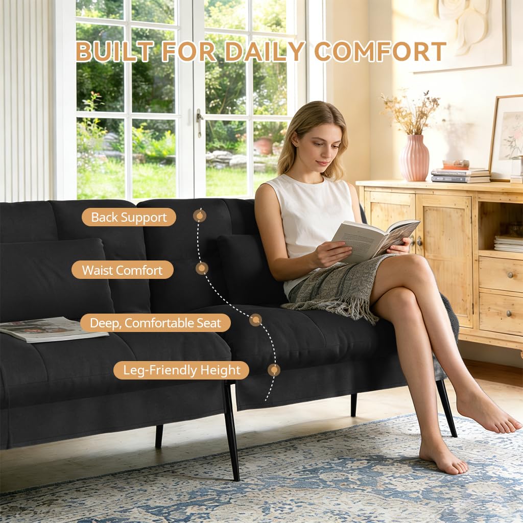 COMHOMA 72″ Futon Sofa Bed, Sleeper Sofa with Adjustable Backrest, Black | Convertible Fabric Futon Couch with Pillows,Upholstered Recliner Lounge,Multi-angle Loveseat,Living Room Furniture