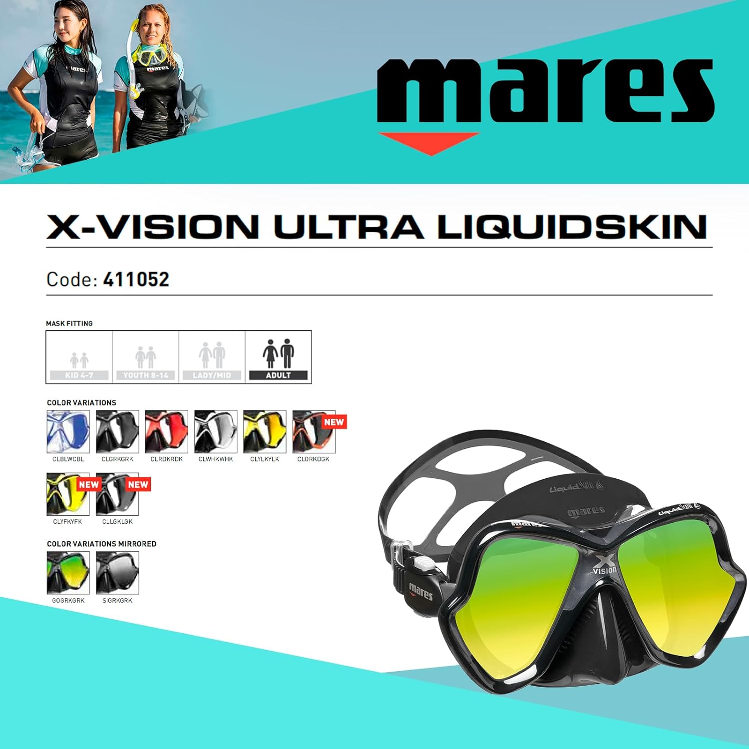 MARES Unisex Adult X-Vision Ultra Liquidskin Comfortable Scuba Diving Two Window Mask with Silicone Face Piece