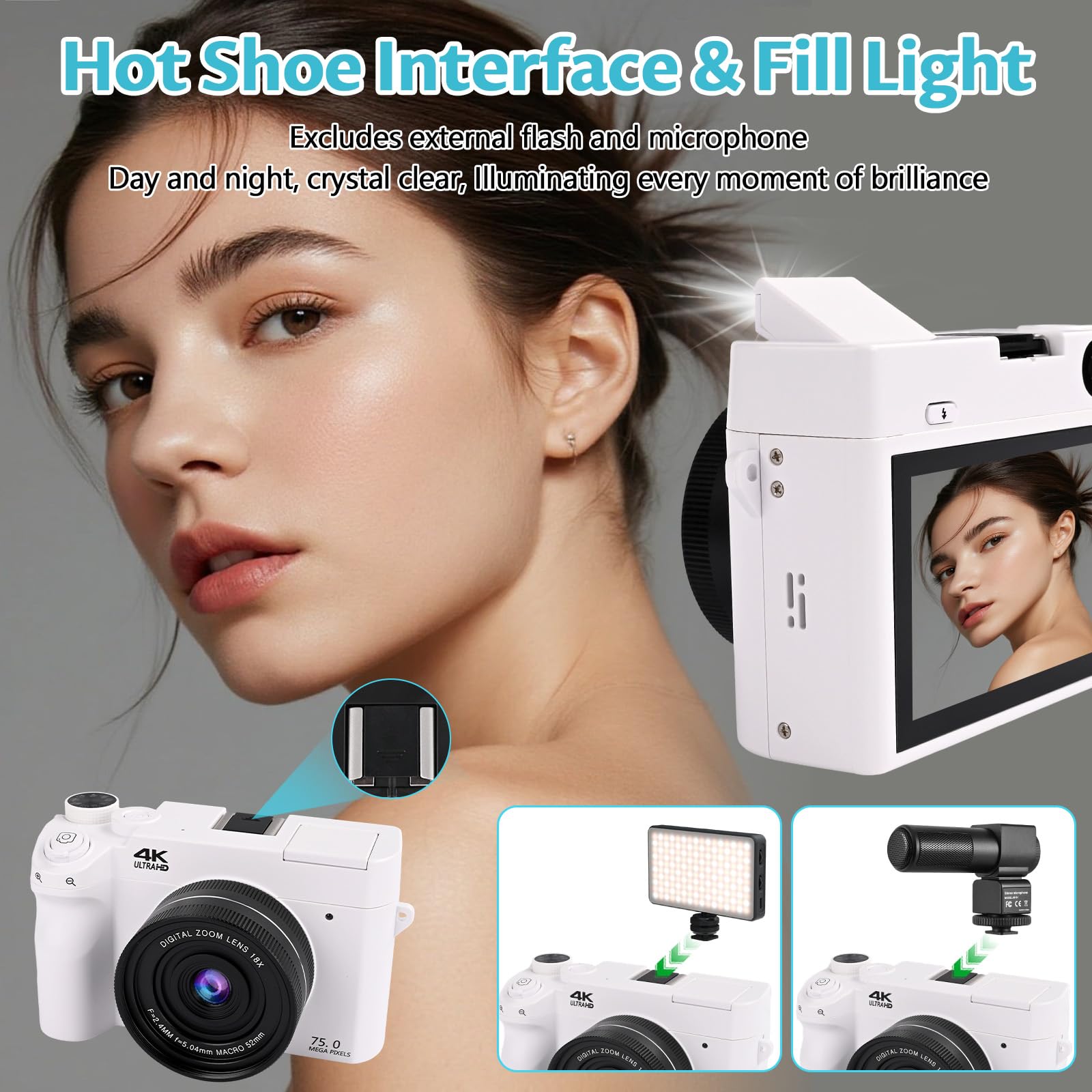 Macchina Fotografica Digitale 4K Ultra HD 75MP, Videocamera Autofocus con Zoom Digitale 18X e Schermo IPS da 3", Scheda SD 32GB, Macchina Fotografica Compatta per Principianti, Adolescenti (Bianco)