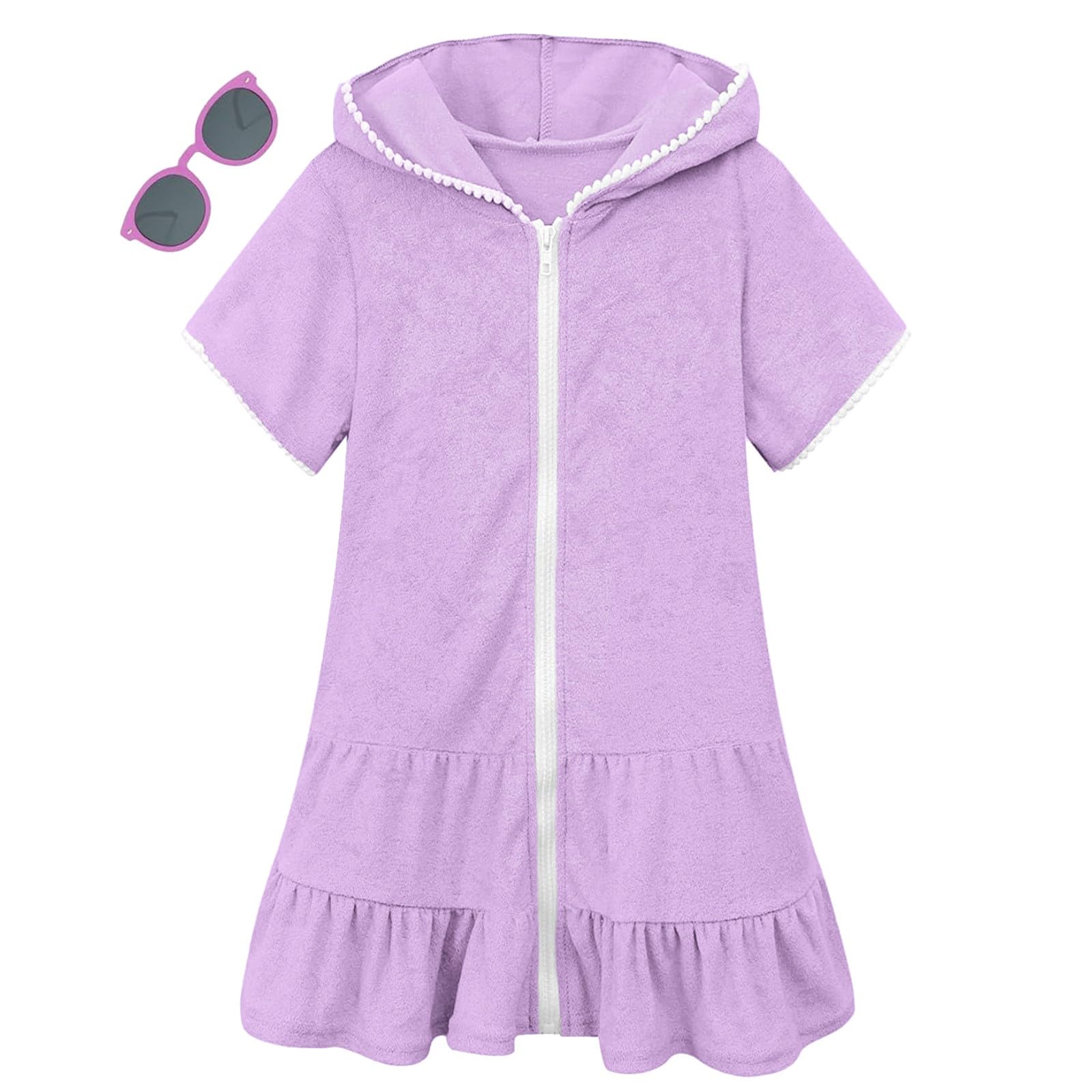 Bademantel Kinder Kurzarm Rüschen Kapuze Cover Up mit Sonnenbrille Saugfähige Schnelltrocknend Strandkleid Frottee Reißverschluss Badeanzug Weich Gemütlich Strandtuch