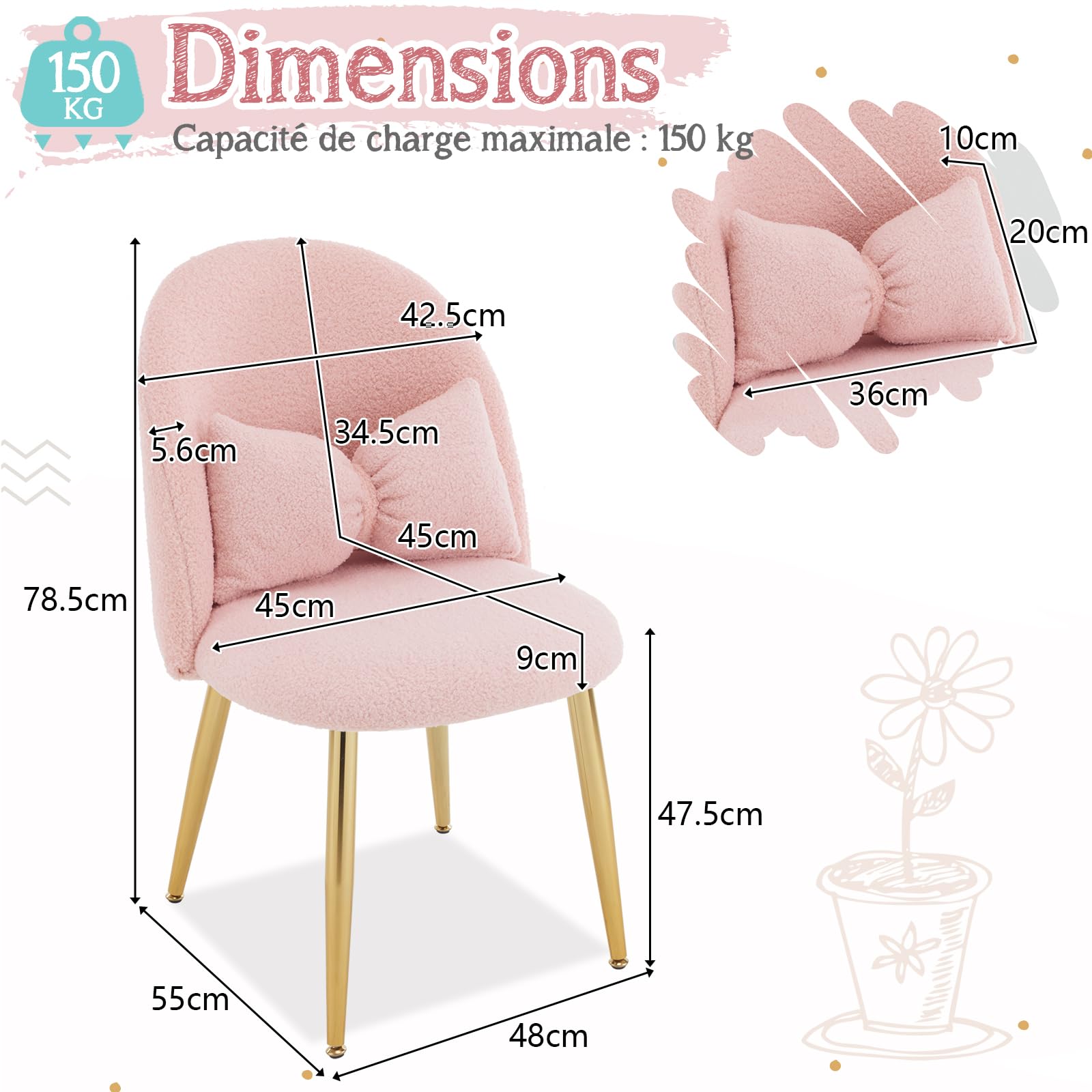 Bonnlo Fauteuil Relax, Chaise Coiffeuse, Fauteuil avec Coussin Nœud, Dossier Incurvé sans Accoudoirs, pour Salon, Bureau, Chambre, en Peluche Lapin/Teddy, 55 x 48 x 78.5 cm (Teddy & Rose)