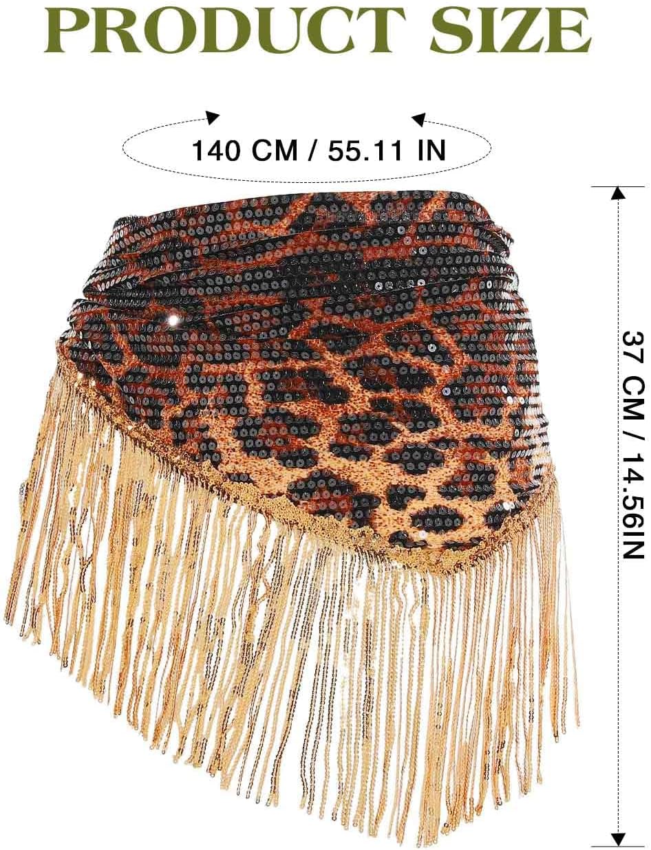 TWINKLEDE Belly Dance Hip Scarf Latin Sequin Leopard Fringe Wrap Skirt for Women