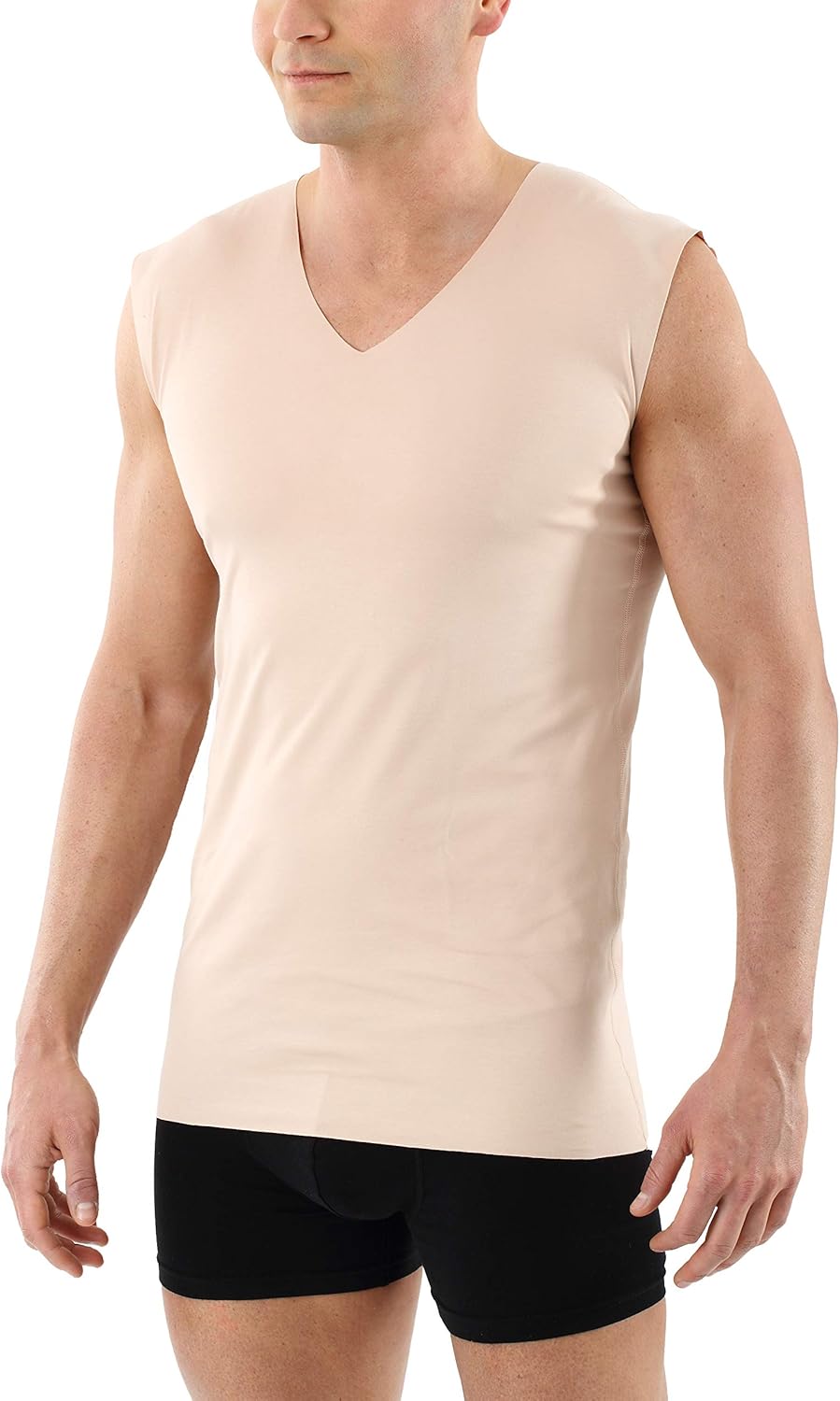 ALBERT KREUZ Men's Laser Cut Invisible Seamless v-Neck Undershirt Sleeveless Stretch Cotton Nude Beige