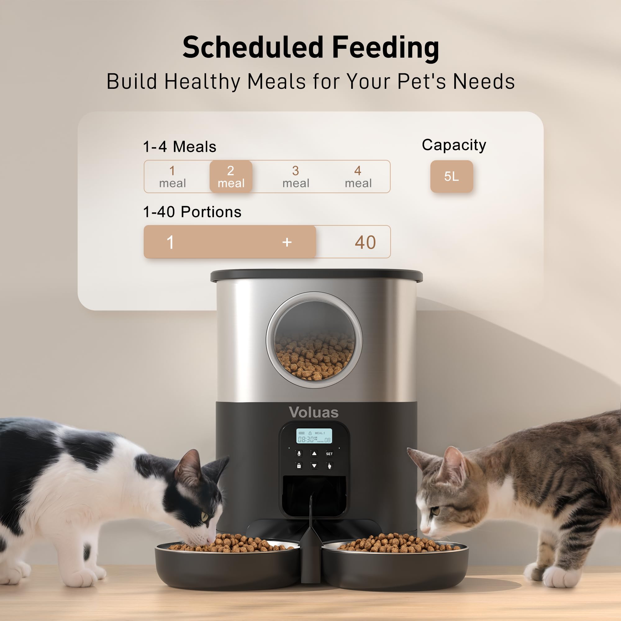VOLUAS Automatic Cat Feeders for Two Cats,Stainless Steel 5L Pet Feeder for Cats and Dogs Timed Cat Feeder Pet Dry Food Dispenser, Silver Black - image 2
