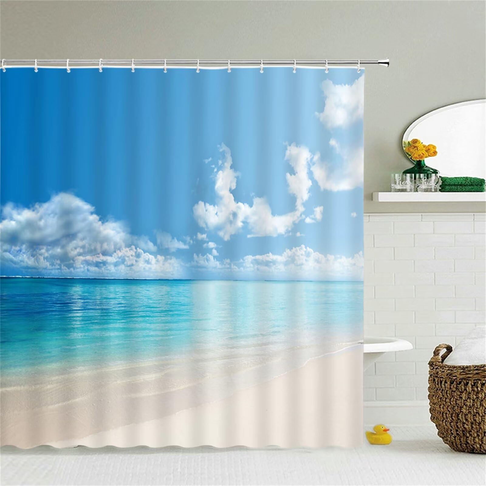 Cortina de ducha impermeable antimoho, lavable a máquina, tela antibacteriana, incluye ganchos, 250 x 120 cm, diseño de nube blanca y océano para decoración de baño