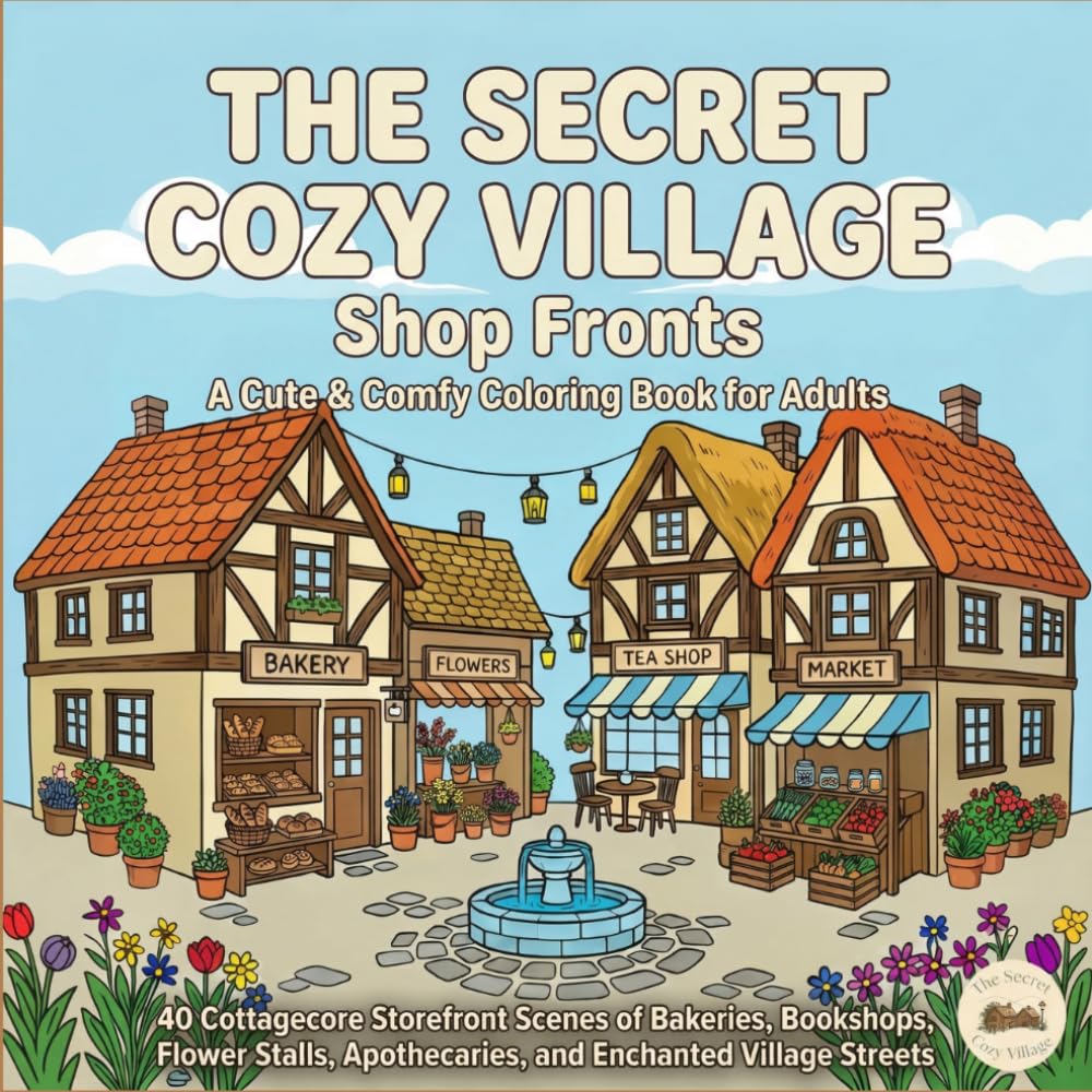 The Secret Cozy Village - Cozy Shops, A Cute & Comfy Coloring Book for Adults and Teens: 40 Cottagecore Storefront Scenes of Bakeries, Bookshops, ... Apothecaries, and Enchanted Village Streets