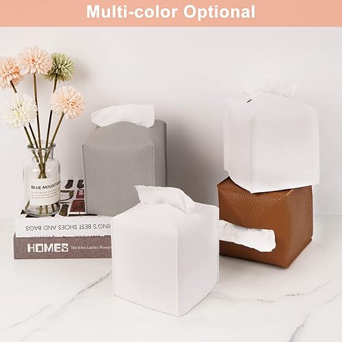 Miniatura 6 de MecTo Funda para caja de pañuelos, soporte cuadrado de piel sintética, funda de pañuelos moderna, soporte de papel facial decorativo para encimera