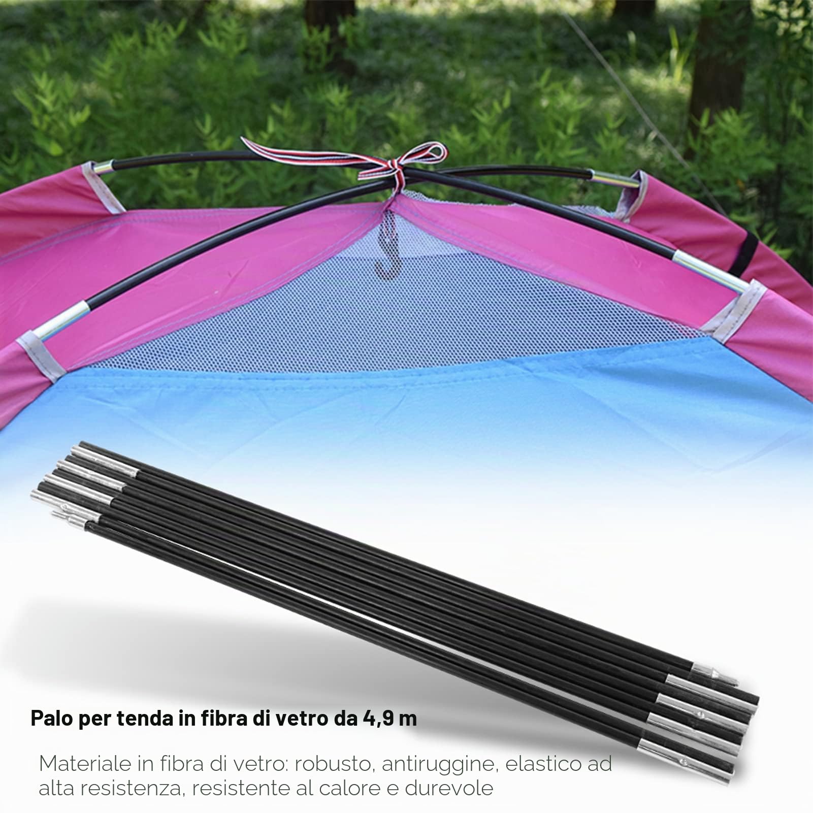 Asta per Tende da Campeggio, 4,9 m Pali per Tenda Pieghevole in Fibra di Vetro Kit palo della Tenda Asta in Fibra di Vetro per Tenda Sostituzione Attrezzature da Campeggio