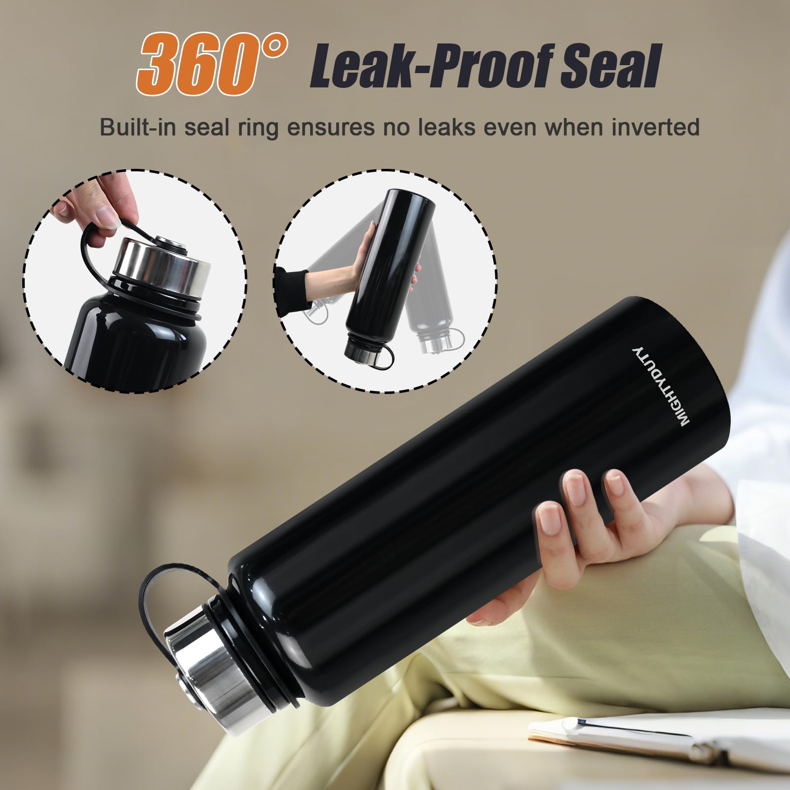 Thermos da 1,5 l, in acciaio inox, per 6-24 ore, caldo e rinfrescante, grande capacità, a prova di perdite, per caffè e tè, per attività all'aperto, sport, scuola, ufficio (nero)