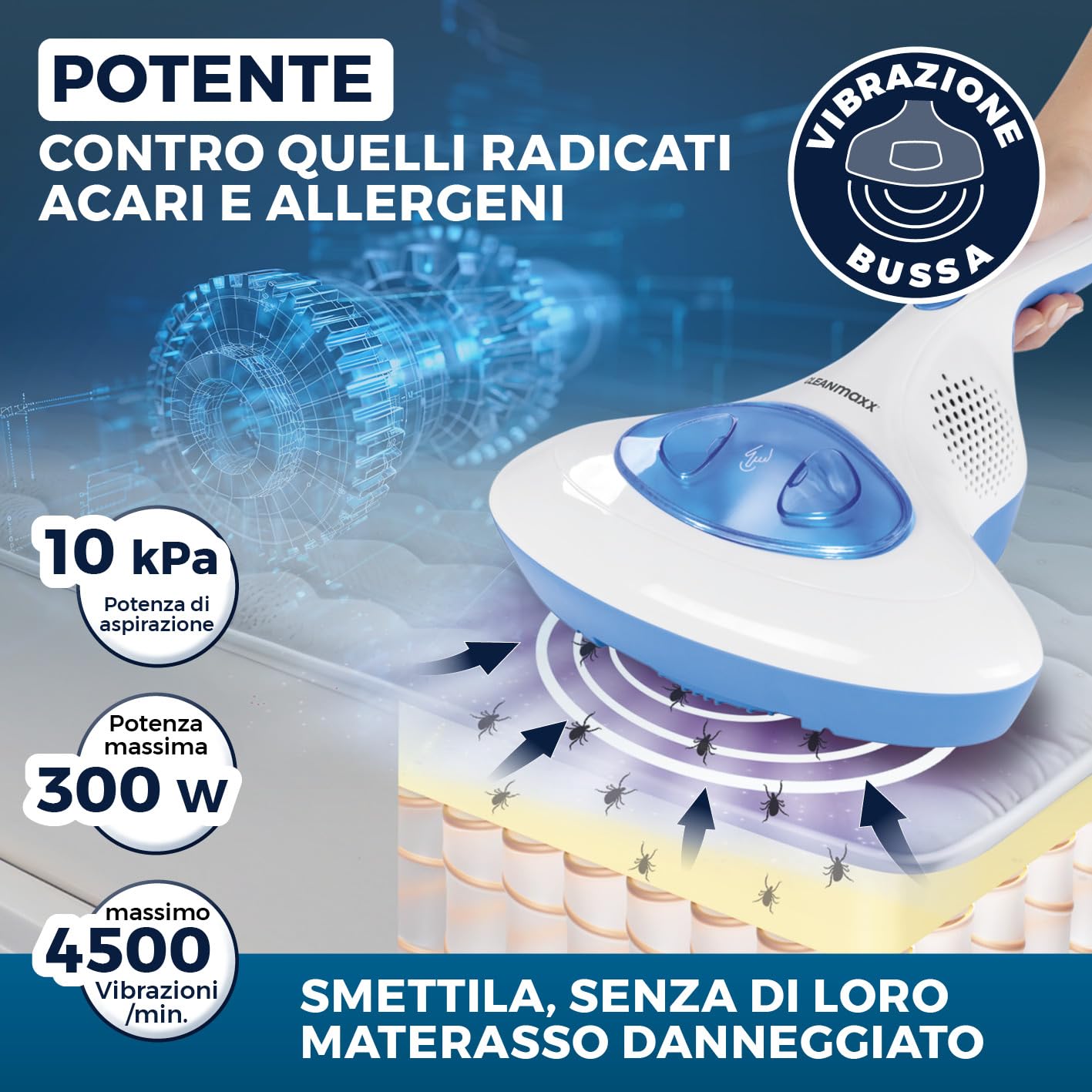 CLEANmaxx aspirapolvere per acari luce UV-C sterilizzante | Aspirapolvere per materassi con filtro HEPA, distrugge il 99,9% di tutti gli acari | Pulisce e disinfetta in un solo gesto