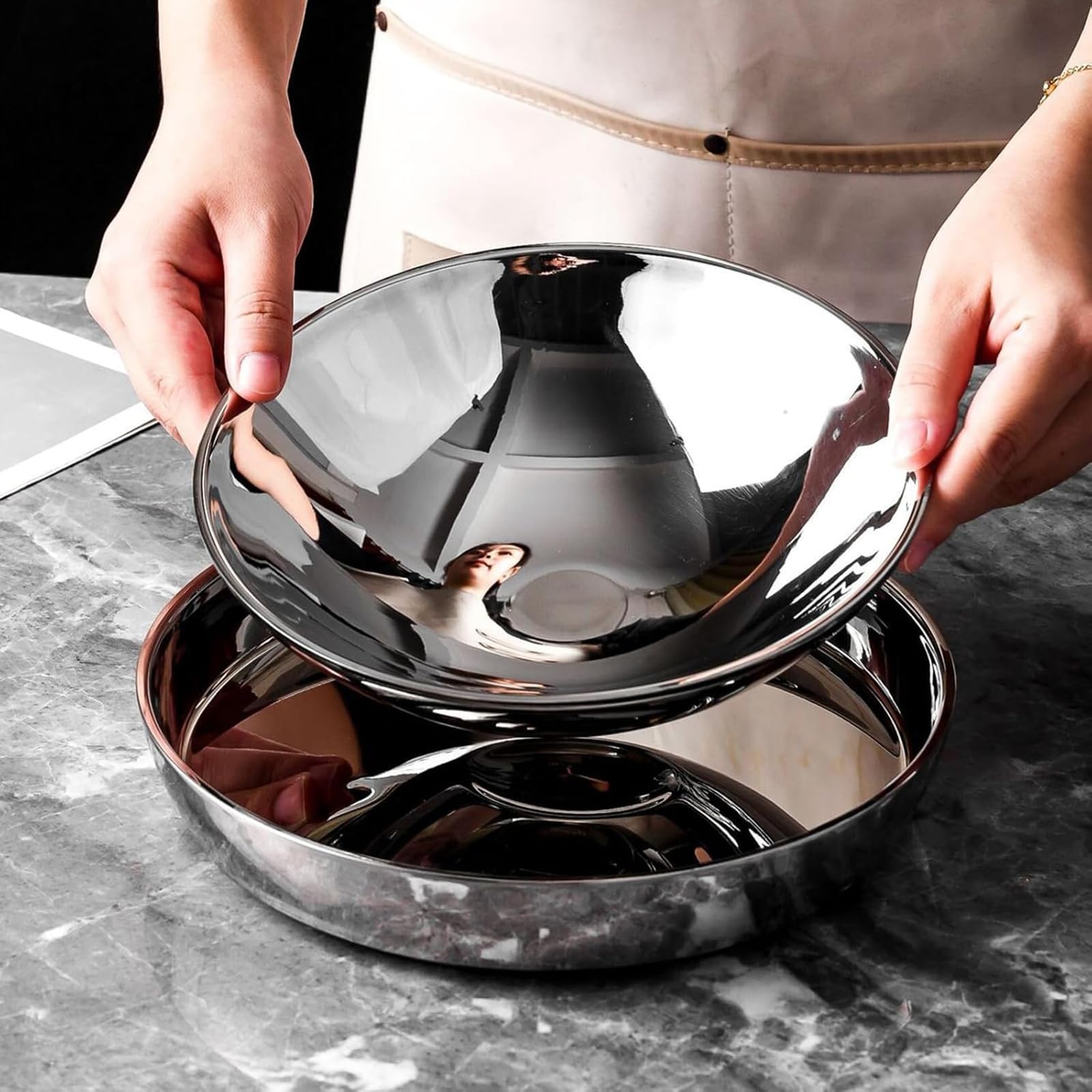 Juego de 7 platos y cuencos esféricos, de acero inoxidable 304, reutilizables, con diseño de doble capa resistente al calor, para el hogar, cocina y restaurante