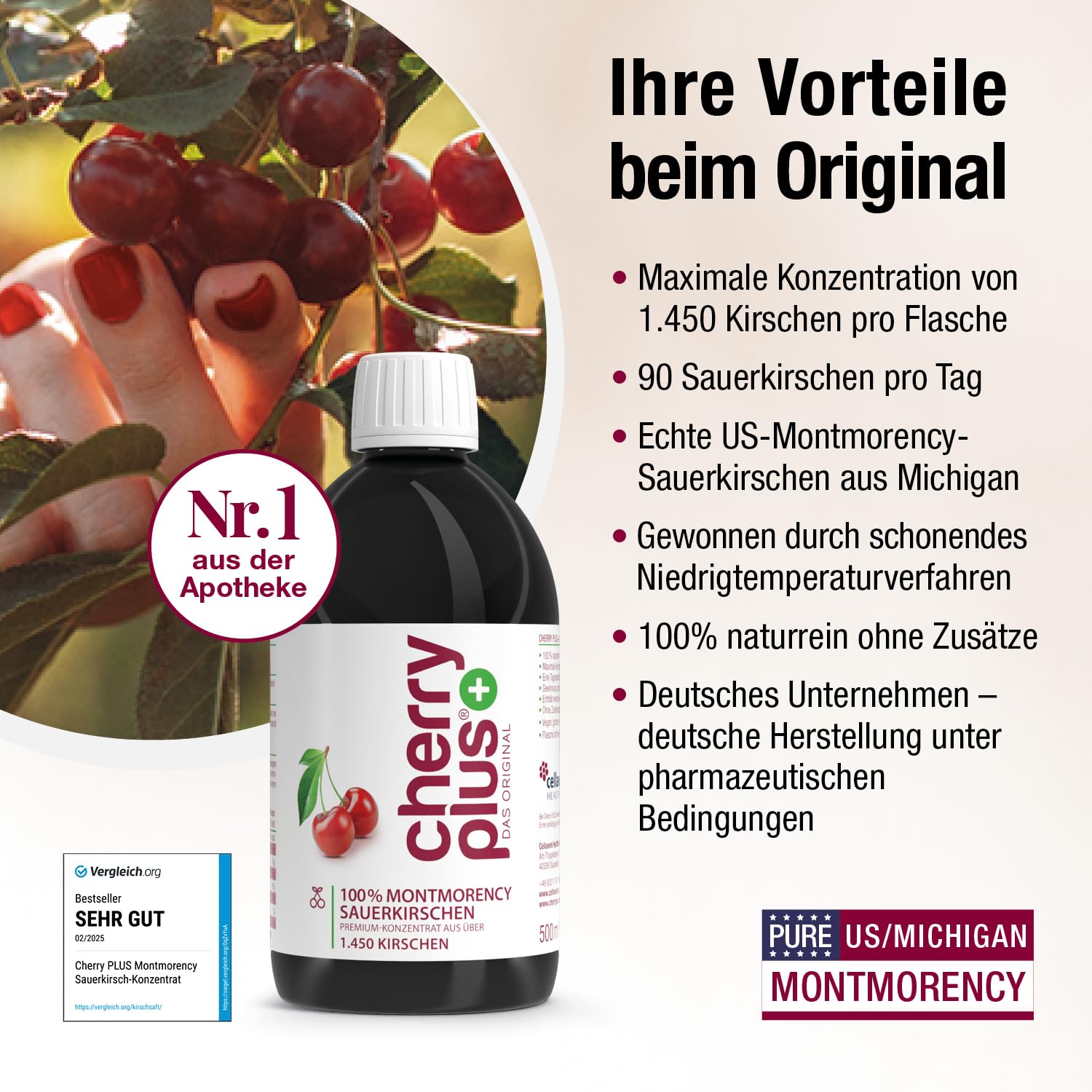 Concentré de cerises aigres Montmorency US - Hautement concentré - 1 450 cerises aigres Montmorency par bouteille (3 x 500 ml) - Cherry PLUS