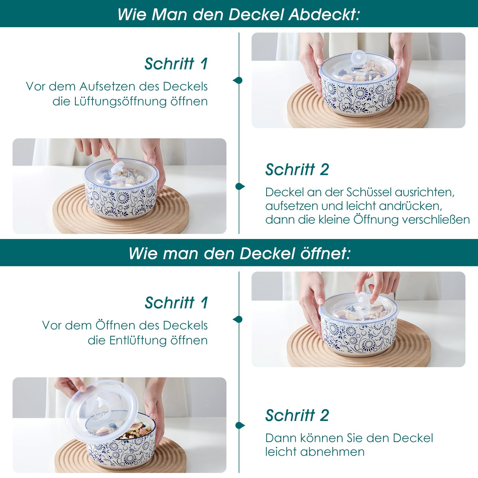 Salatschüssel mit Deckel 4 teilig, vancasso Müslischalen Keramik, Servierschalen Blau-Weiß, Schüssel mit Deckel für Müsli, Salat, Suppe, Ramen