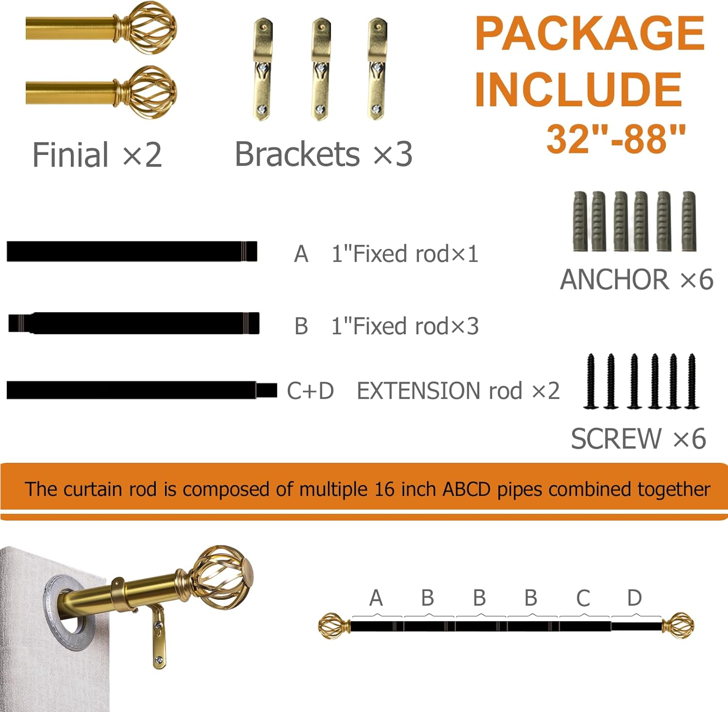 Gold Curtain Rods for Windows 18 to 86 inch, 1 Inch Adjustable Curtain Rod, Heavy Duty Window Curtains Rod for Bedroom Living Room, Modern Decorative Drapery Rods Birdcage Finials