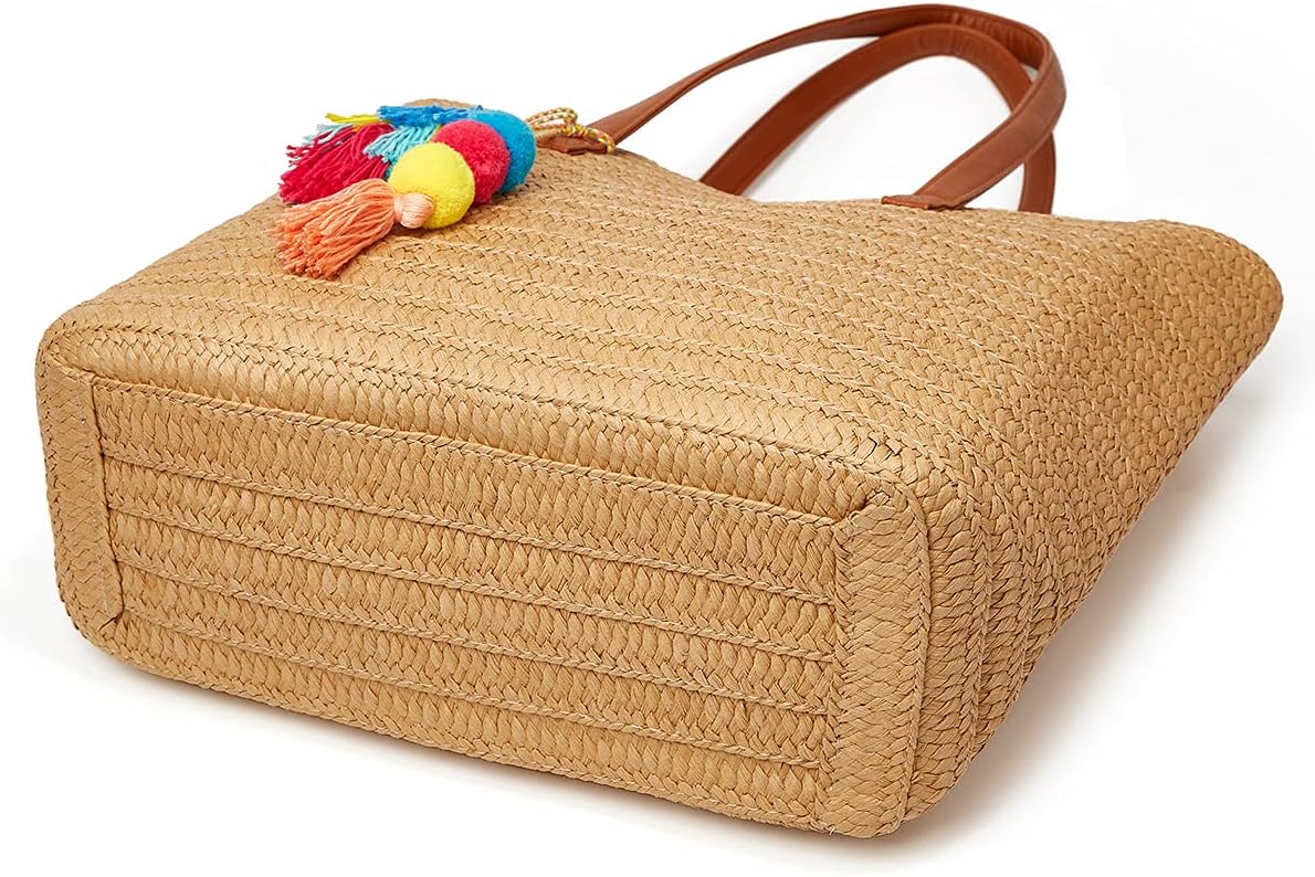 Epsion Straw Beach Bags Tote Tassels Bag Hobo Summer Handwoven Shoulder Bags Purse With Pom Poms