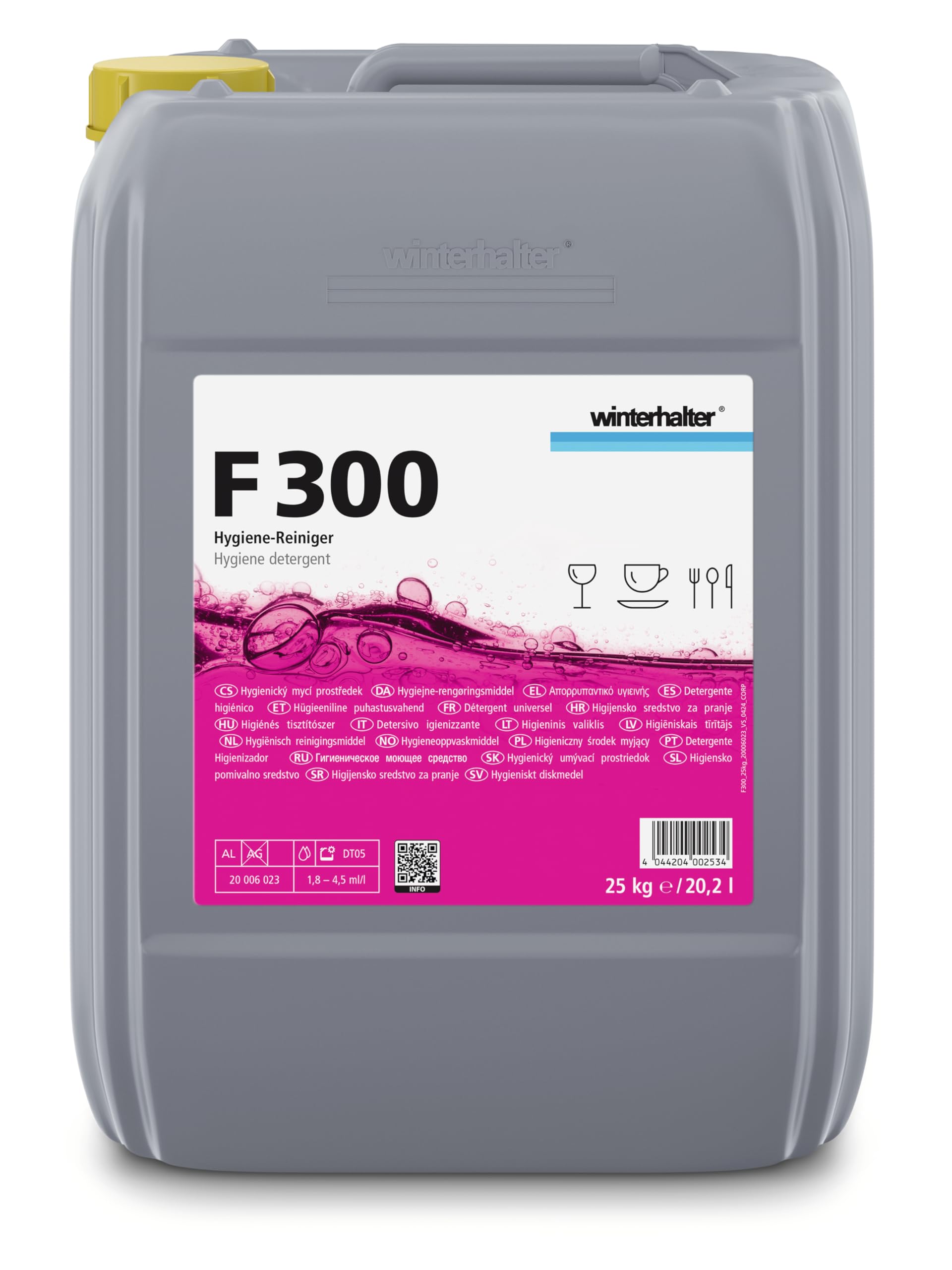 Winterhalter F 300 Hygiene-Reiniger – gewerblicher Bistro Spülmaschinen Reinigungsmittel mit aktivem Chlor für Gastronomie, Hotels, Restaurants & Kantinen (25 KG / 20,2 L)