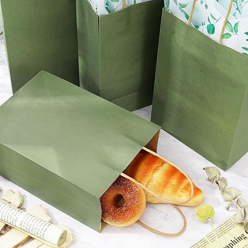 Miniatura 5 de Whaline 16 bolsas de papel kraft verde salvia con 20 piezas de papel de seda de eucalipto con asas, bolsa de dulces a granel para baby shower,