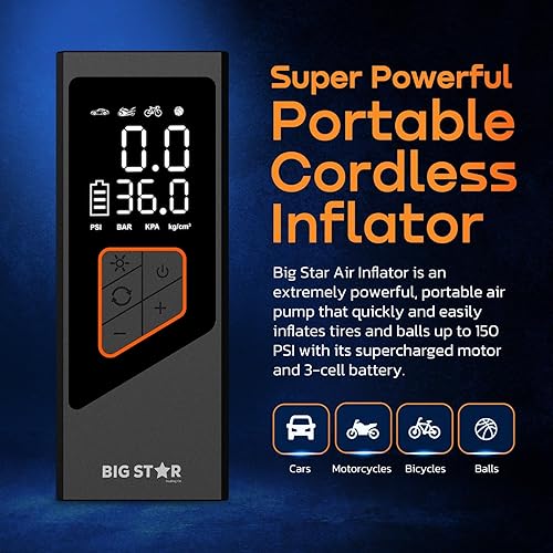 Miniatura 3 de Big Star - Compresor de aire portátil para neumáticos, bomba de aire para neumáticos de automóvil, bomba de neumáticos de 150 PSI y 25000 mAh con
