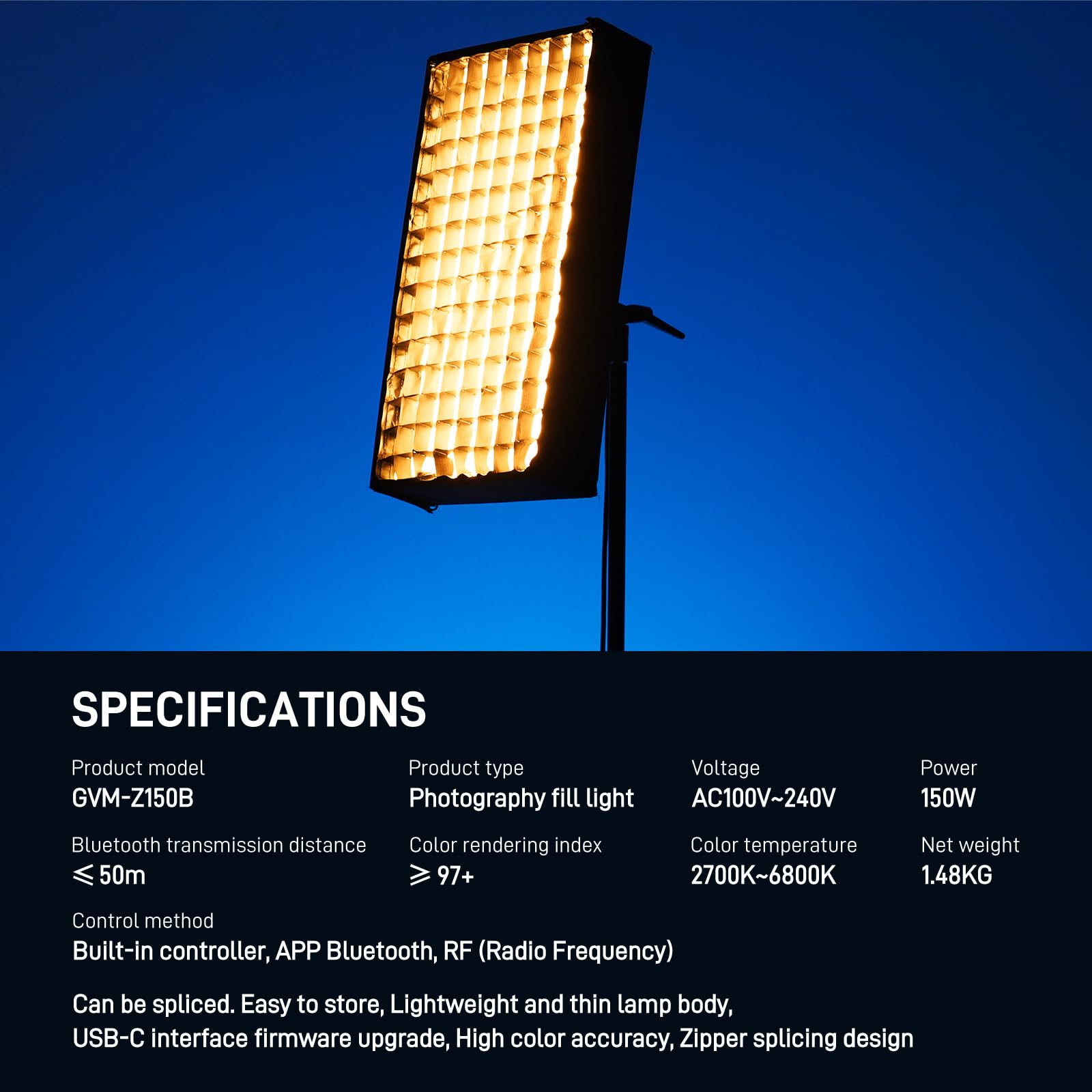 GVM ZipTile Z150B Lampe vidéo LED Flexible Bicolore 2700 K ~ 6800 K, 15500 lux/m 150 W, 12 Effets d'éclairage avec boîte à lumière Grille nid d'abeille, Prise en Charge par Application de contrôle