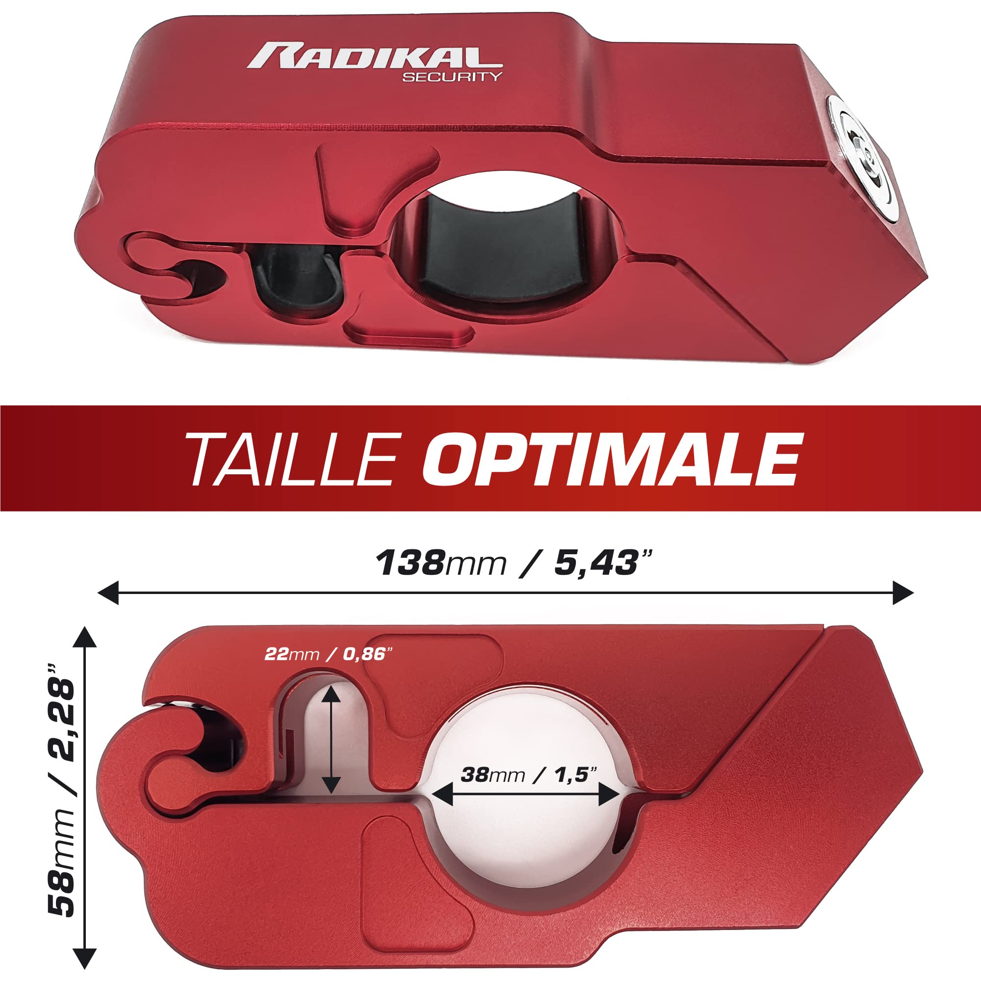 RADIKAL RK538R Antivol Guidon Moto, Bloque Levier Frein, Bloc Serrure Sécurité, Clic de Fermeture, Verrouillage Poignée Embrayage, Grip Lock, Blocage Universel Scooter, Quad, Vélo Électrique