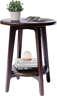Teak Side Table, Solid Wood Small Round End Table with Lower Shelf, Black-Brown, Perfect for Living Room or Bedroom