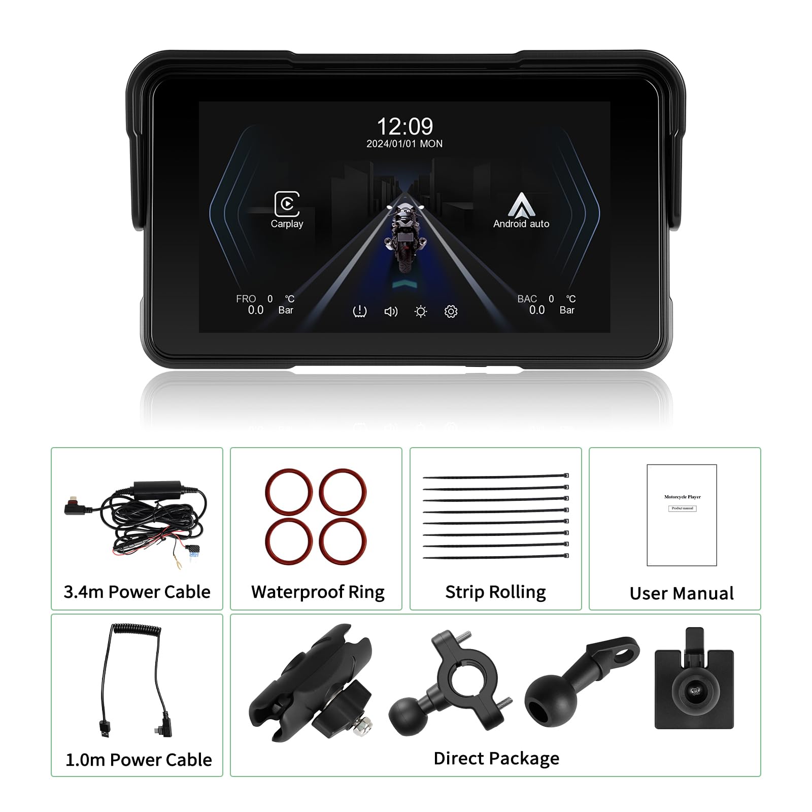 Schermo CarPlay Moto 5" HD Wireless Apple CarPlay Android Auto IP68 Impermeabile Bluetooth TPMS
