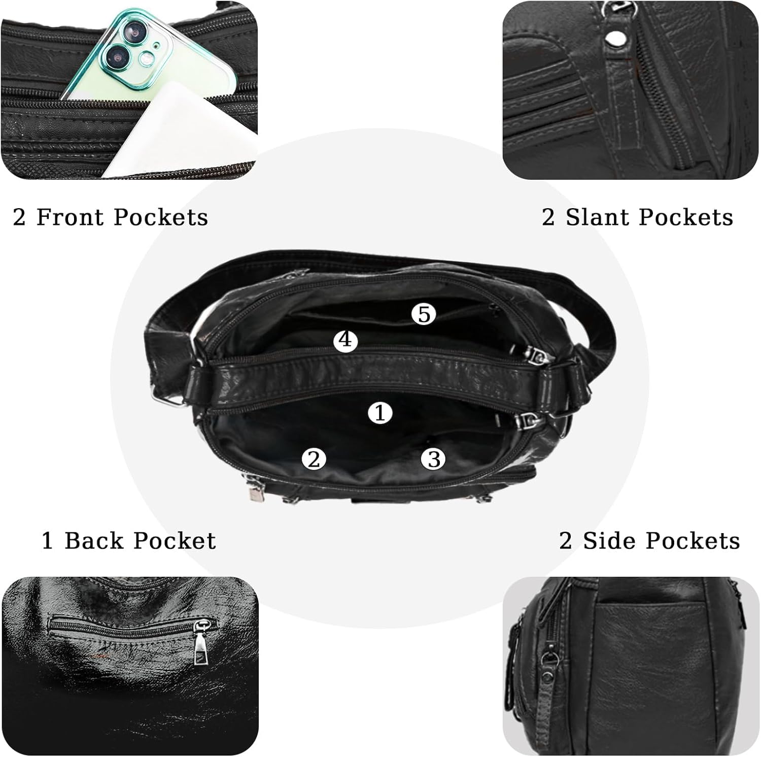 Womens Crossbody Bag Soft Leather Handbags Multi Pocket Satchel Waterproof Hobo Shoulder Bag Messenger Bag - Image 7