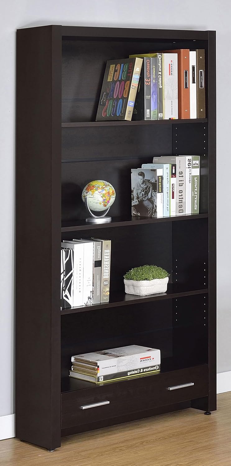 BOWERY HILL Modern 4 Shelf Bookcase with Storage Drawer, Cappuccino Finish, 73.375" H x 24.375" W x 8.875" D, Silver Hardware, Contemporary Style Office Furniture for Organized Workspace
