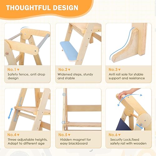 Miniatura 3 de TZnponr Taburete para niños pequeños, torre de aprendizaje Montessori plegable, taburete de cocina ajustable de 3 niveles de altura con rieles de