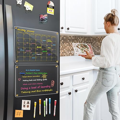Miniatura 7 de WALGLASS Calendario acrílico para nevera, 12 x 16 pulgadas, pizarra magnética magnética de acrílico transparente dorado para refrigerador, juego de