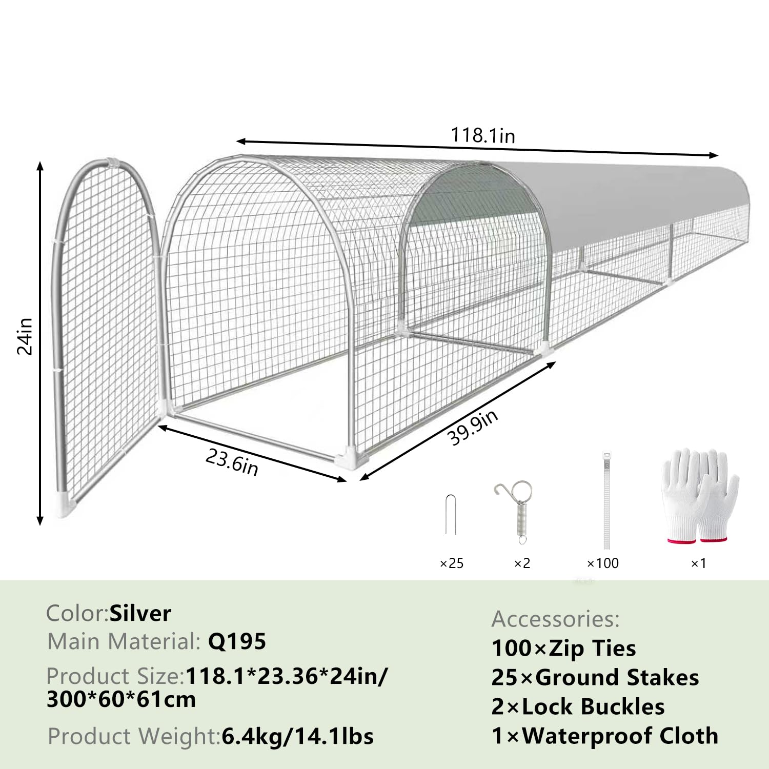 Gallinero de metal con corral, 10 x 2 x 2 pies, con cubierta impermeable y anti-ultravioleta para exteriores, patio trasero y granja, corral de pollo para patos, conejos (plata, 24 x 26 x 118 pulgadas