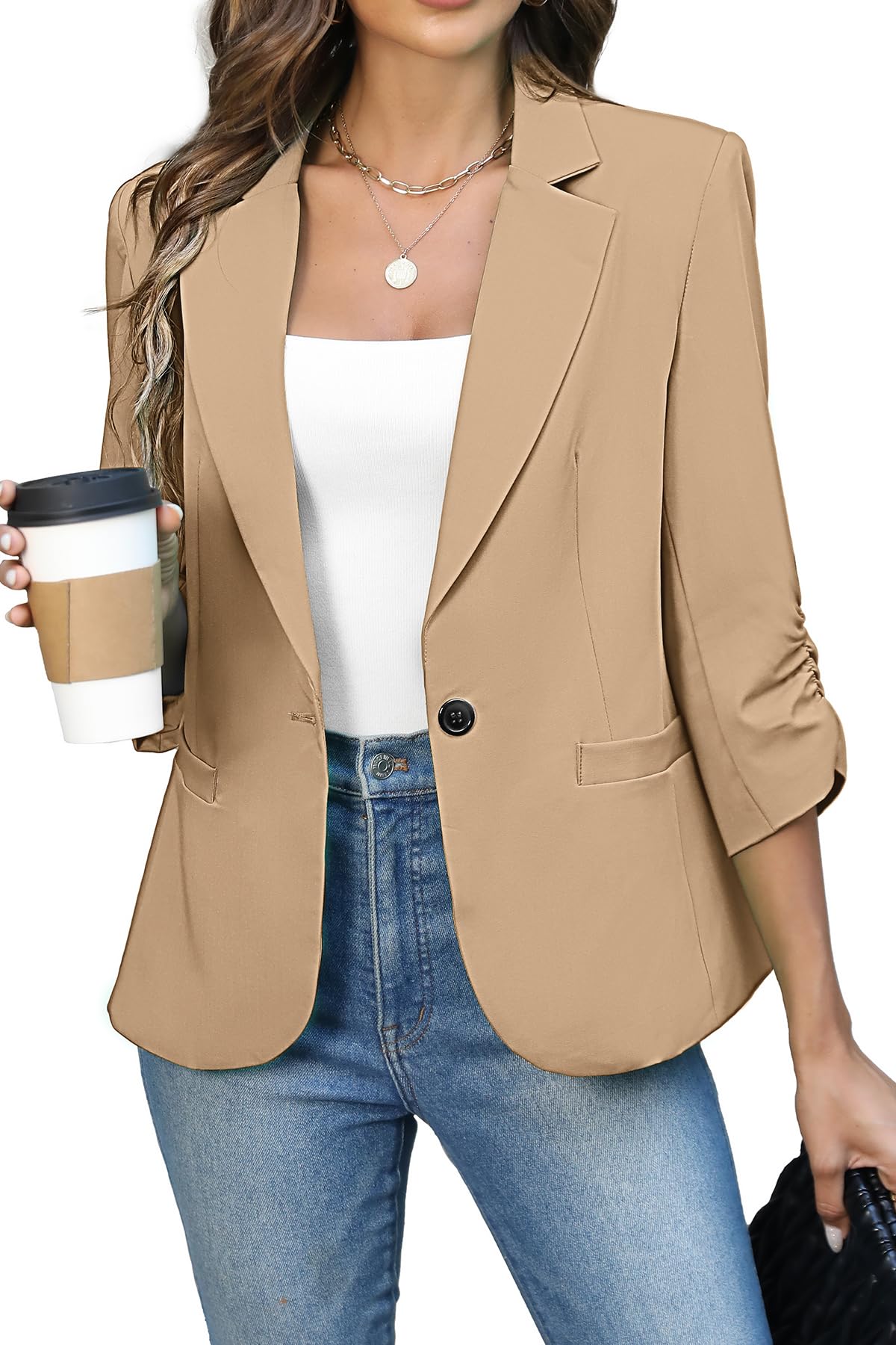 ELLEVEN Womens Ruched 3 4 Sleeve Blazers Lightweight Slim Fit Jackets with Padded Shoulder for Business Casual