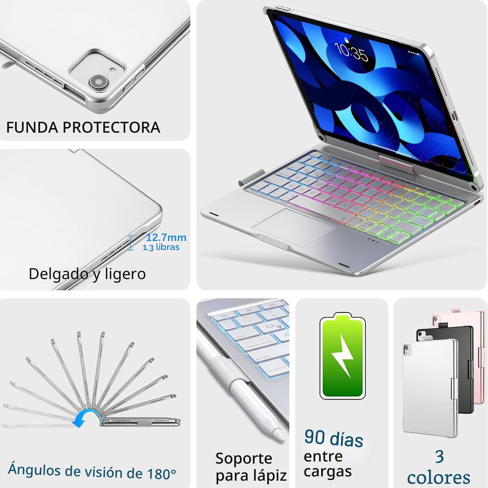 Funda con Teclado Español Rotación 360° para iPad Air 11" M2/M3/M4 (2026),Air 4/5 10.9", iPad 10th /11th A16, iPad Pro 11" (2018-2022),Retroiluminado,Trackpad Click-Plateado