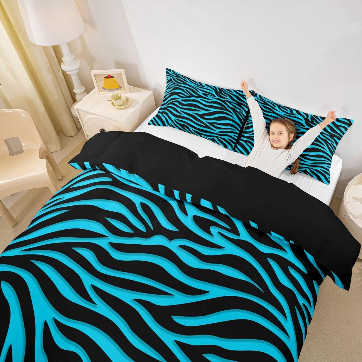 Erosebridal Zebra Print Comforter Cover Queen Size Turquoise Stylish Animal Print Duvet Cover for Teens Adults Fashion Geometric Stripes Bed Set Minimalism Lines Art Bedding Set image 5