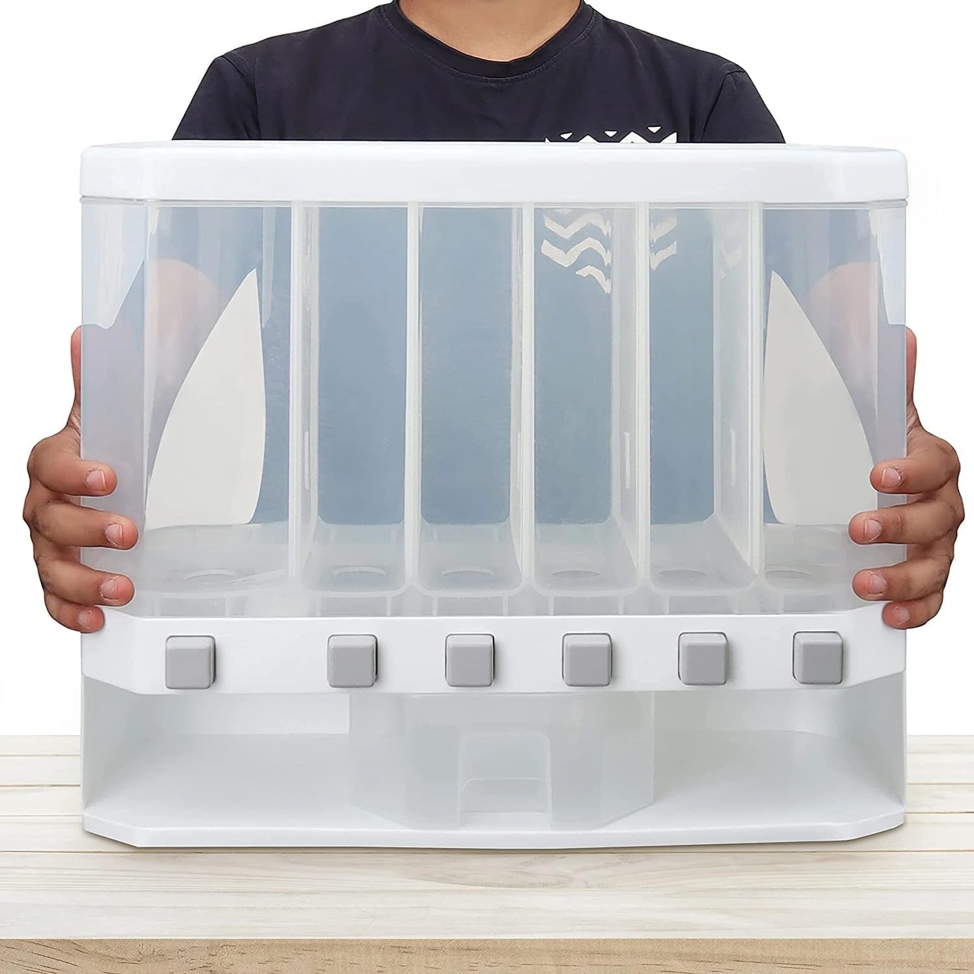 6 Compartment Dry Food Dispenser for Kitchen Storage | Airtight Grain Storage Container | Rice, Dal, Cereal, Pulses & Snack Organizer | Space Saving Food Storage Box with One-Touch Dispensing-image-47