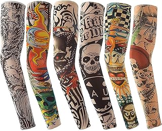 Vordas Maniche Tatuaggio, 6pcs Realistico Tattoo Finti Maniche di Braccia Protezione Sportiva Ciclismo, Ventilazione di Protezione Solare (Lunghezza: Circa 45cm) (E)