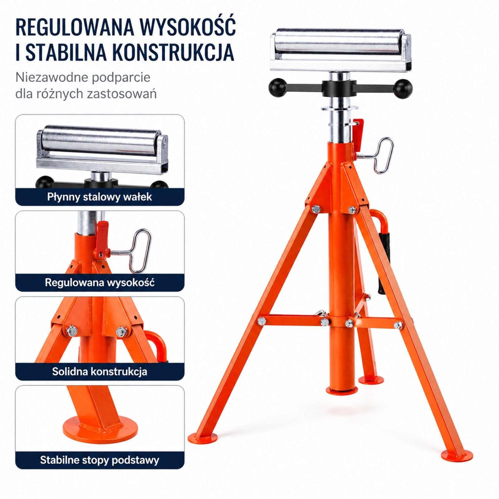 Regulowany stalowy stojak rolkowy, składana podpora robocza i montażowa do piły stołowej, strugarki oraz szlifierki, z głowicą rolkową