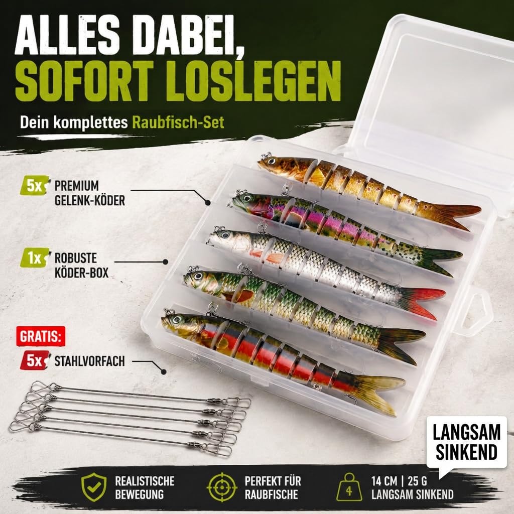 set esche artificiali 5 pezzi in scatola esche da pesca per la pesca dei predatori - spine multi-pezzo con snodo per una corsa realistica a lento affondamento
