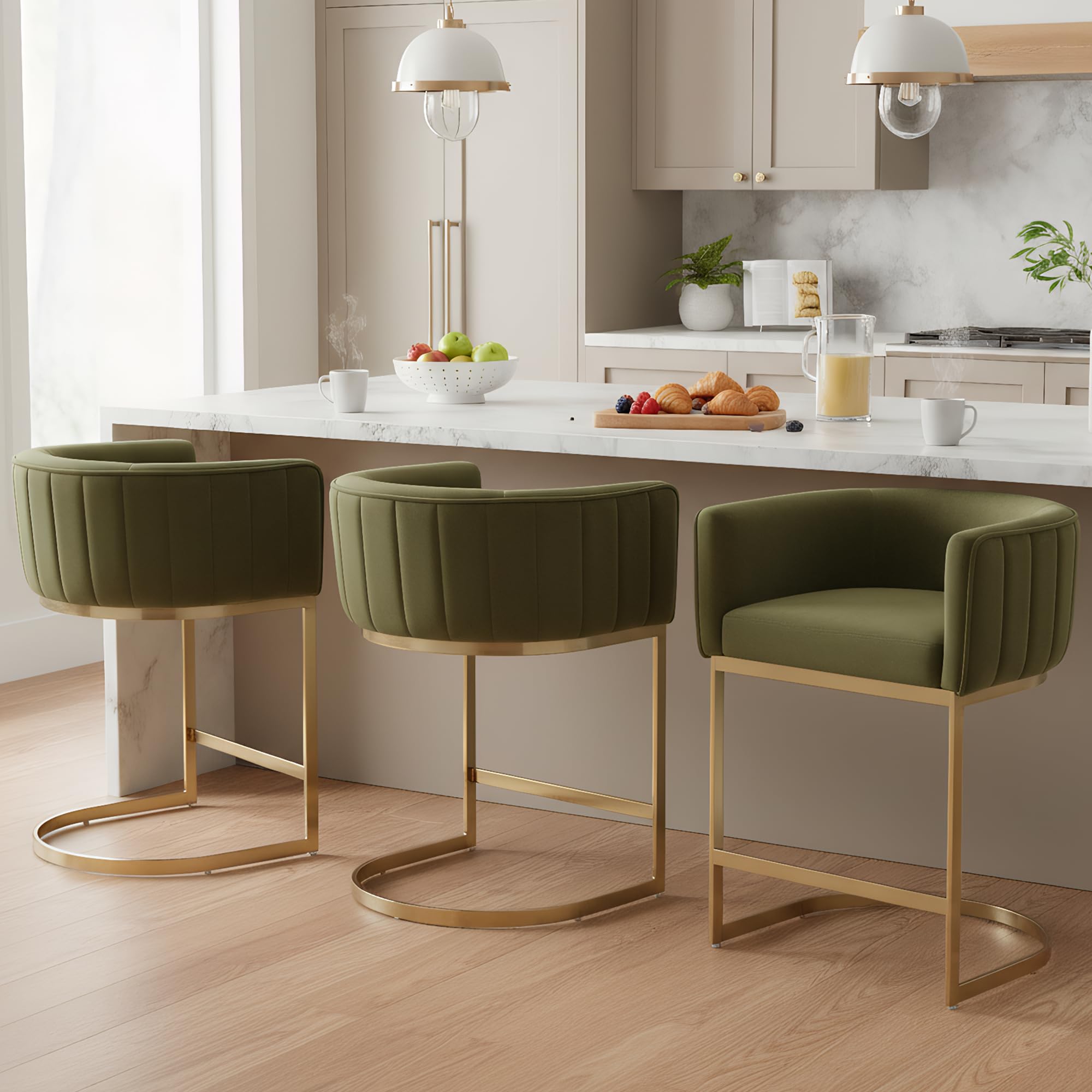 DM Furniture 24" Modern Velvet Counter Height Bar Stools Set of 3 for Kitchen Island Comfy Upholstered Barrel Back Stool Chair with Golden Metal Legs