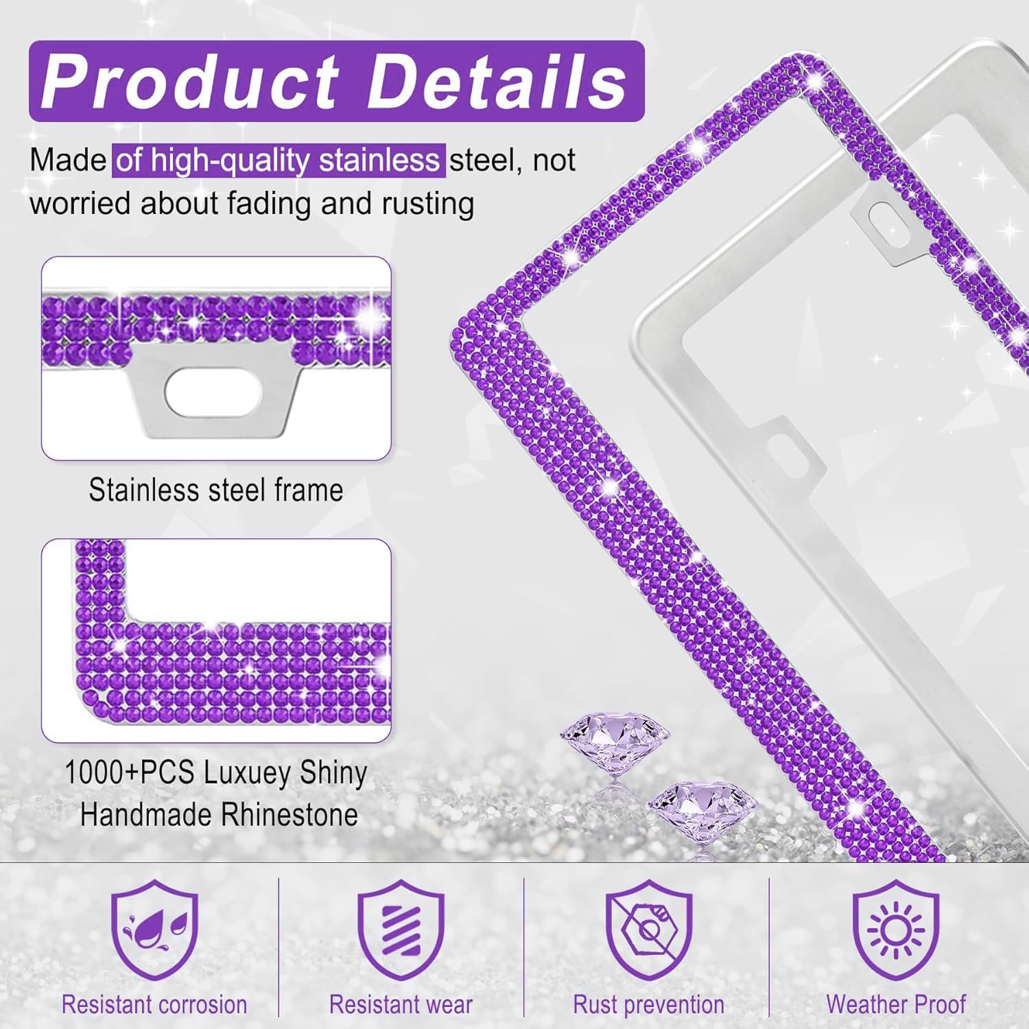 Amiss Bling License Plate Frame for Women, 2Pack Rhinestone Handcrafted Crystal Premium Stainless Steel, Stainless Steel Car Decorative Accessories with Diamond Sparkle Glitter Caps (Purple) image 3